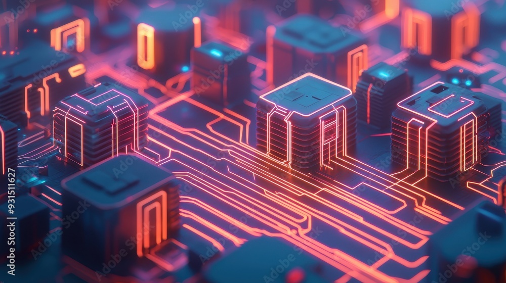 Poster a vibrant close-up of a circuit board with glowing components and intricate pathways, showcasing the