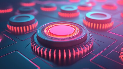 Obraz premium A close-up view of glowing buttons on a futuristic circuit board with vibrant colors and dynamic lighting effects.