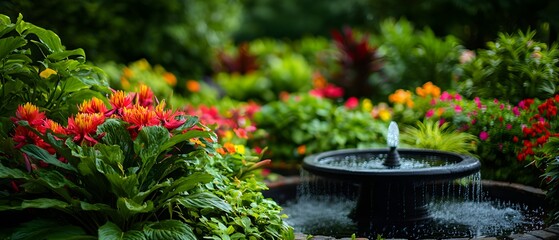 Naklejka premium Wide-angle shot of a garden fountain with gracefully falling water, nestled among a variety of vibrant flowers and lush, green plants