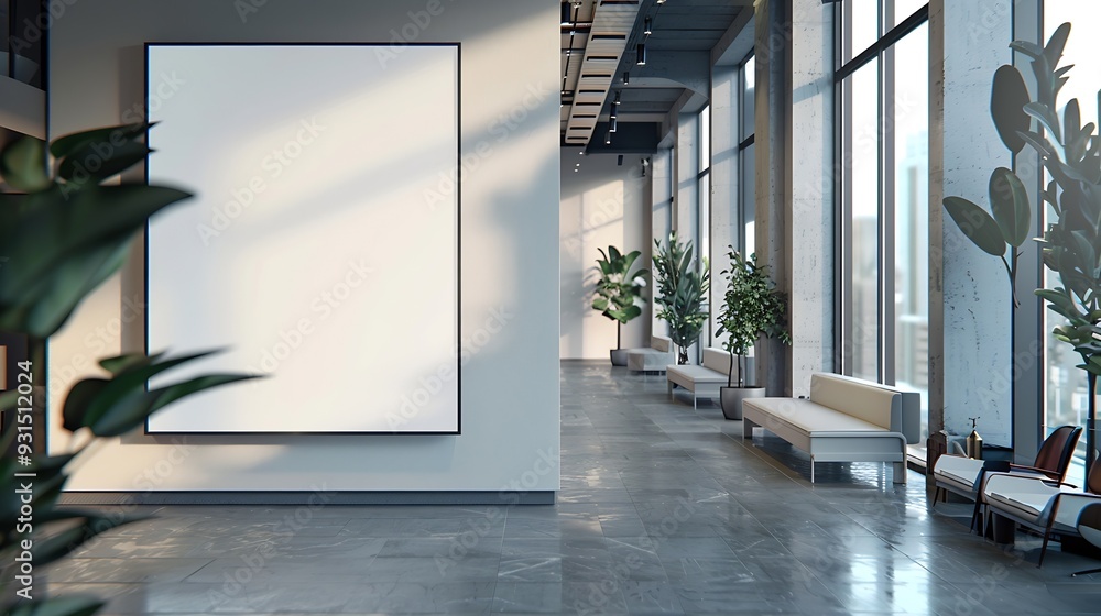 Poster corporate branding identity logo display white blank frame mockup with modern business offices reception background as banner with copy space area mock up : Generative AI