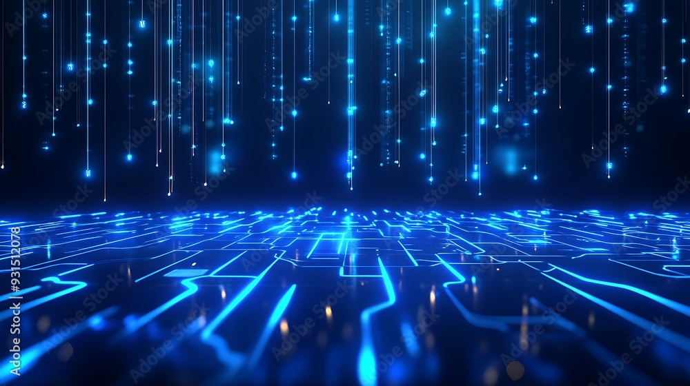 Poster futuristic digital blue neon light background with lines and data streams, ideal for technology and 