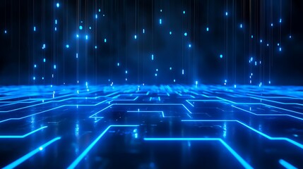 Futuristic digital blue neon glowing circuit board with data flow, representing technology, innovation, and cyber space background.
