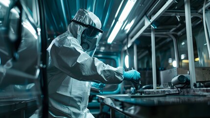 Car painter in protective clothes and mask painting automobile bumper with metallic paint and varnish in chamber workshop. 