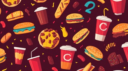 Colorful fast food icons arranged in a chaotic pattern on a dark red background