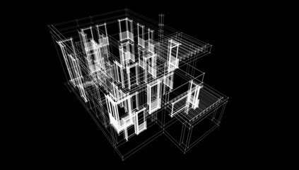 Linear architectural drawing of a building on black background