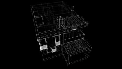 Linear architectural drawing of a building on black background