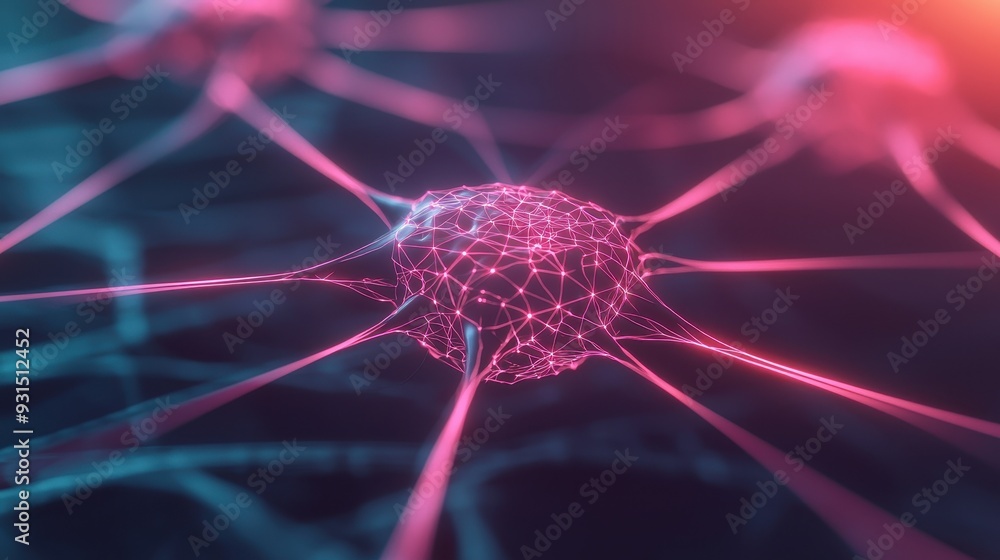 Poster colorful and detailed depiction of a neuron, showcasing its intricate structure and connections with