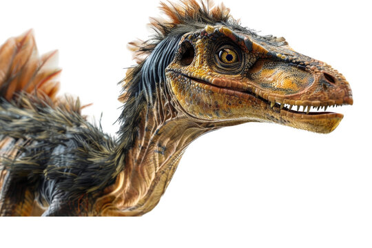 Close-up of Austroraptor, isolated against a white background, highlighting its feathered skin, sharp claws, and streamlined body