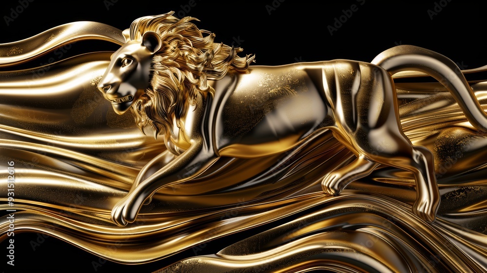 Wall mural The gold lion art with a black background is a 3D illustration. Stock image