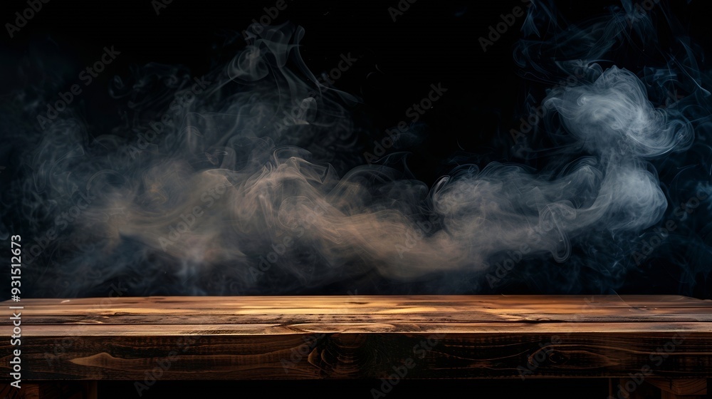 Aufkleber On a black background an empty wooden table with smoke floats up Empty space for displaying your products with a smoke float up on a dark background Space available for displaying your : Generative AI