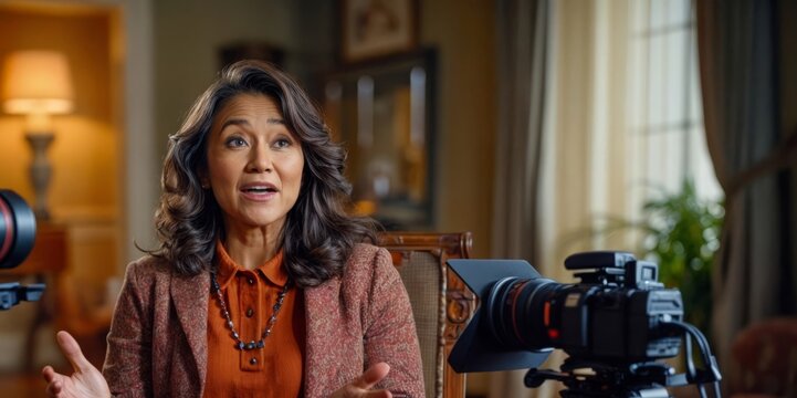 a woman says something emotional to the camera. Interview. Filming