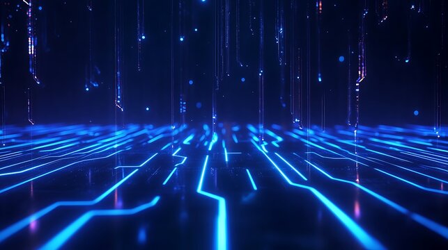 Futuristic digital circuit board with glowing blue lines, representing technology and data connections in a virtual environment.