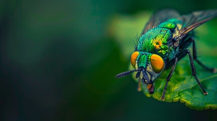 This is a macro view of a green fly insect perched on a green leaf with a blurred background. It is a stock photo.