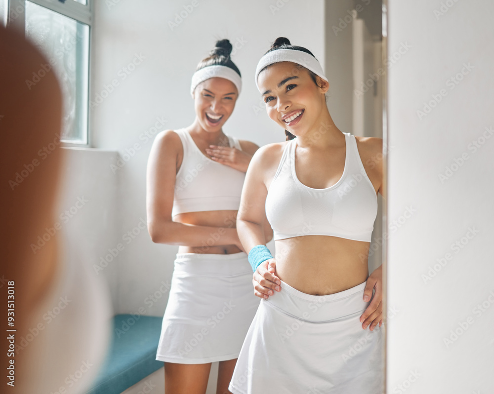 Poster Locker room, sports and women in mirror for tennis training, exercise and workout for practice. Fitness team, friends and happy girl in reflection for tournament match, performance and competition