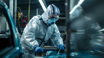 Car painter in protective clothes and mask painting automobile bumper with metallic paint and varnish in chamber workshop. 