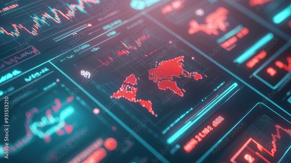 Poster futuristic data visualization with world map and financial charts in neon colors, showcasing global 