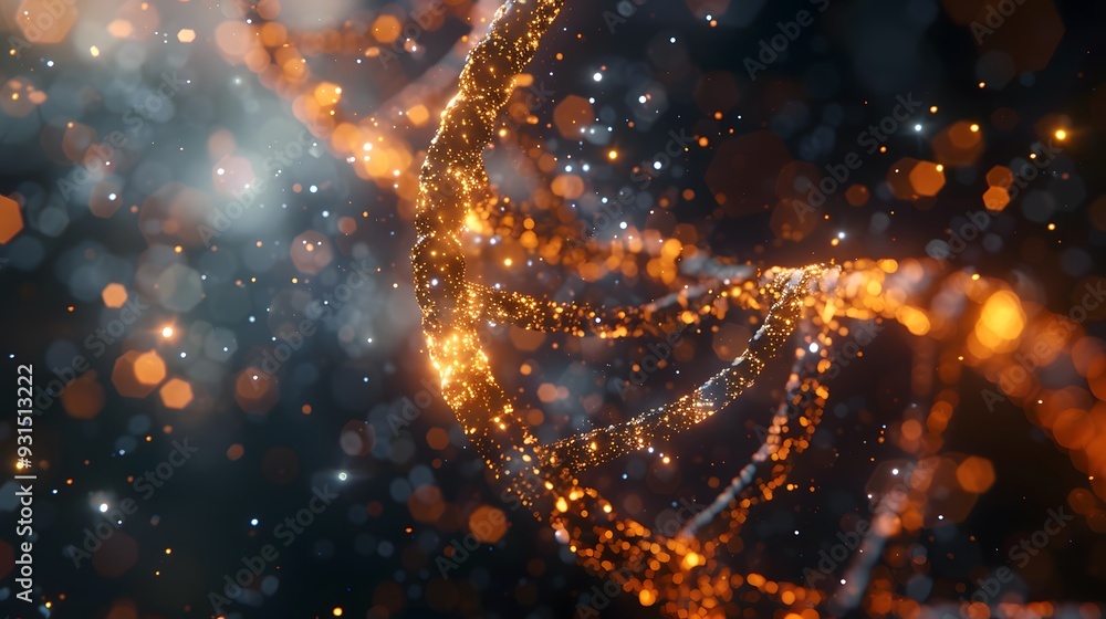 Poster 3d render of a double helix dna structure, with glowing particles and a bokeh background