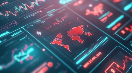 Obraz premium Futuristic data visualization with world map and financial charts in neon colors, showcasing global analytics and market trends.