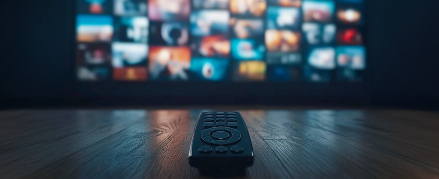 Primer plano de un control remoto de TV sobre una mesa de madera con un fondo borroso de m&uacute;ltiples pantallas. Varias pantallas de televisi&oacute;n reproducen diferentes videos en el fondo