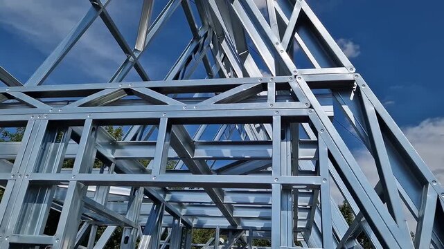 Lightweight steel thin-walled structures. Frames for warehouses, garages or houses. Structure of a steel frame for construction against the sky