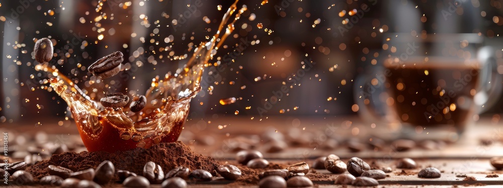 Wall mural Coffee beans and espresso splash creating a burst of energy