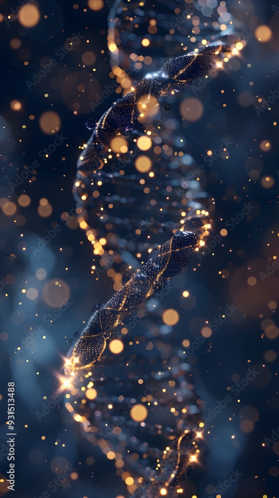 Aufkleber 3d render of a double helix dna structure, with glowing particles and a bokeh background