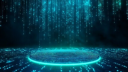 Futuristic digital graphic of a glowing blue circle on a floor, with falling data streams in a virtual reality environment.