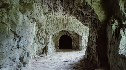 Obraz premium Dark cave entrance in an ancient stone tunnel, with an arched opening leading to a shadowy interior.
