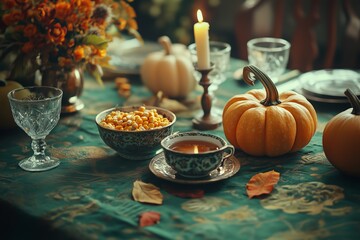 Thanksgiving dinner with decoration on dining table