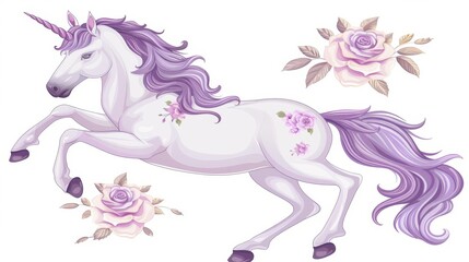 The unicorn horse is walking on the flower field while wearing a purple coat.
