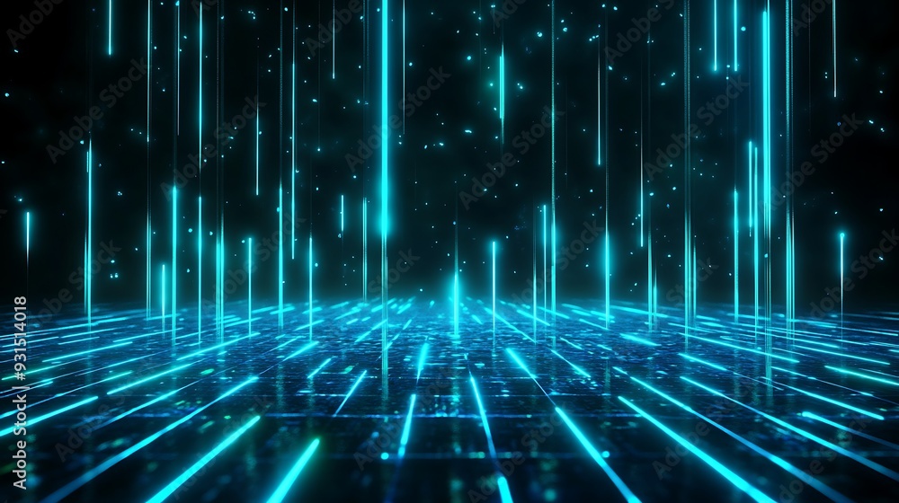 Poster futuristic digital grid with glowing blue lines and particles representing data flow and technology 