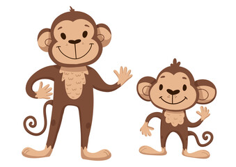 Fototapeta premium Mom and baby monkey flat simple cute illustration. Mother monkey with her cub monkey png isolated transparent background.