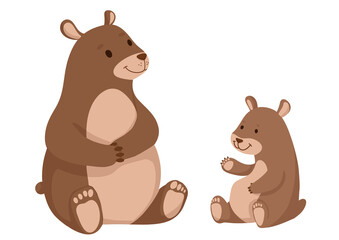 Mother bear and baby bear flat simple cute illustration. Mother bear with her cub bear png isolated transparent background.