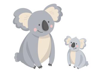 Mom and baby koala flat simple cute illustration. Mother koala with her cub koala png isolated transparent background.