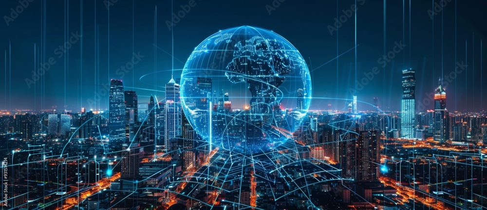 Aufkleber image of a digital futuristic globe communication network illuminated with neon lights.