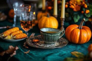 Naklejka premium Thanksgiving dinner with decoration on dining table