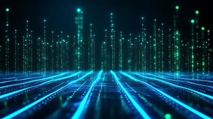 Fototapeta premium Futuristic digital landscape featuring glowing blue lines and vertical green columns, representing big data and technology.
