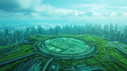 A futuristic cityscape showcasing a green, circular hub surrounded by skyscrapers under a blue sky, symbolizing innovation and sustainability.