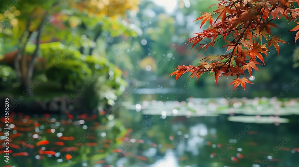 Poster A Japanese garden with a Japanese maples on the forgetting and background sure surrounding a carp lake : Generative AI