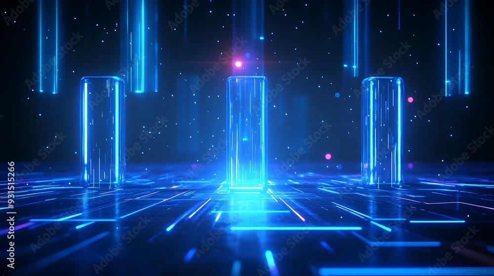 Poster futuristic digital landscape with glowing blue columns and abstract technology elements. perfect for