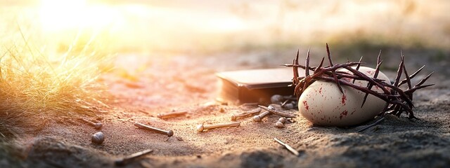 Easter background with a crown of thorns, nails, and a Bible on the ground, with copy space for an Easter celebration concept 
