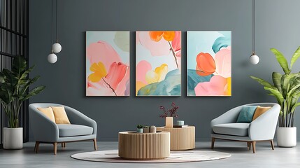 Set of three abstract wall art panels with pastel floral background