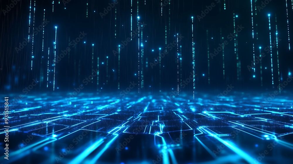 Poster futuristic digital landscape with glowing blue lines and falling data streams, creating a high-tech 