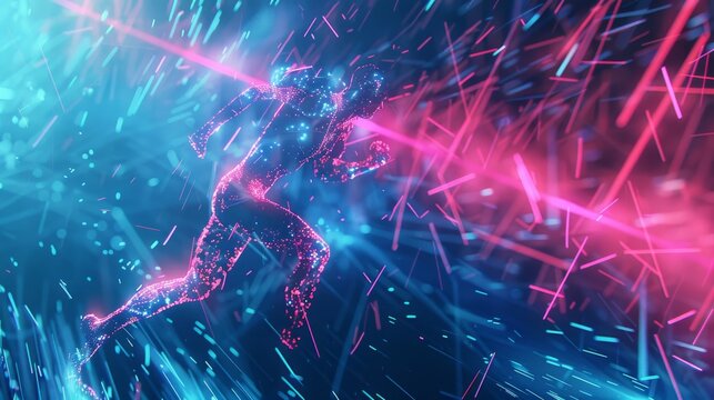 An athlete running with a neon light background. Stock photo.