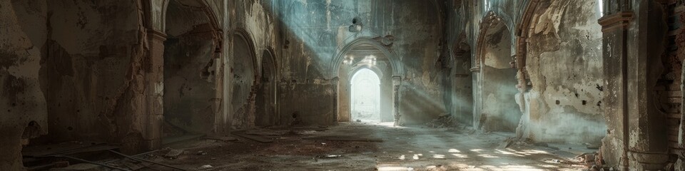 Abandoned and haunting room within a crumbling vintage structure