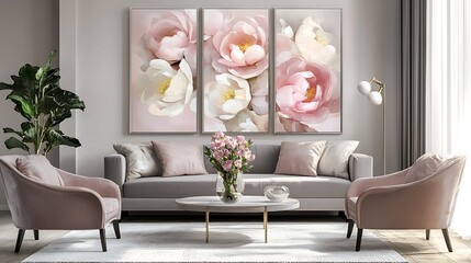 Set of three abstract wall art panels with pastel floral background