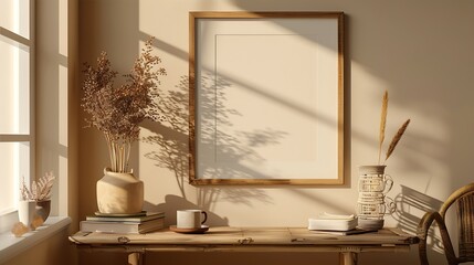 Empty wooden picture frame mockup hanging on beige wall background Boho shaped vase dry flowers on table Cup of coffee old books Working space home office Art poster display Modern int : Generative AI