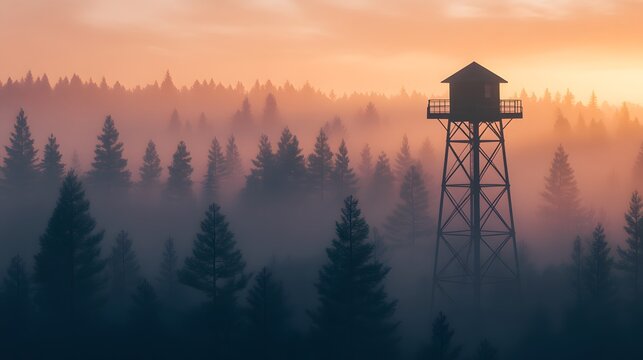 An old firewatch tower standing tall against a softly blurred, expansive forest landscape, the tower made of aged metal with a lookout platform, morning fog gently enveloping the scene, warm and