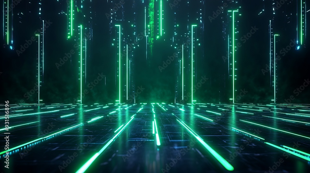 Poster futuristic digital landscape with glowing green lines and lights, creating a high-tech cyber environ