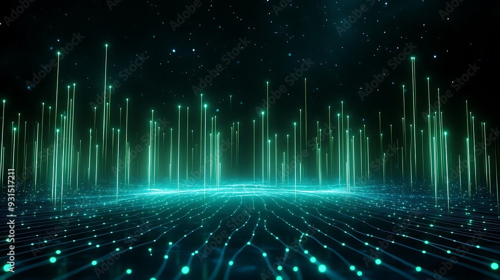Poster futuristic digital landscape with glowing lines and data points. concept of technology, data, and ne